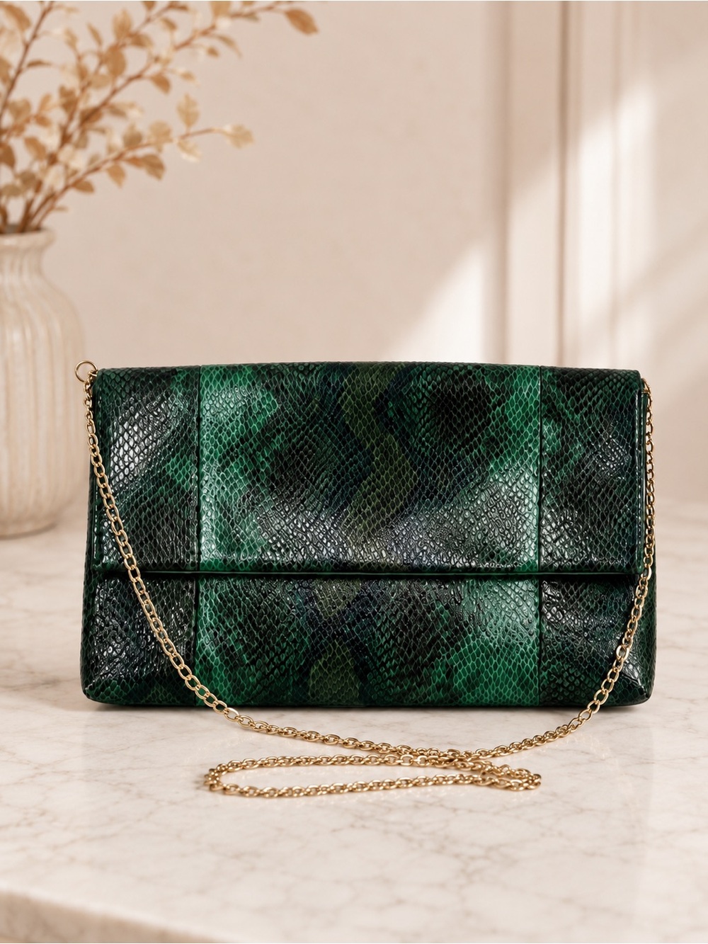 Urban Expressions Green Snakeskin Vegan Leather Foldover Clutch Crossbody